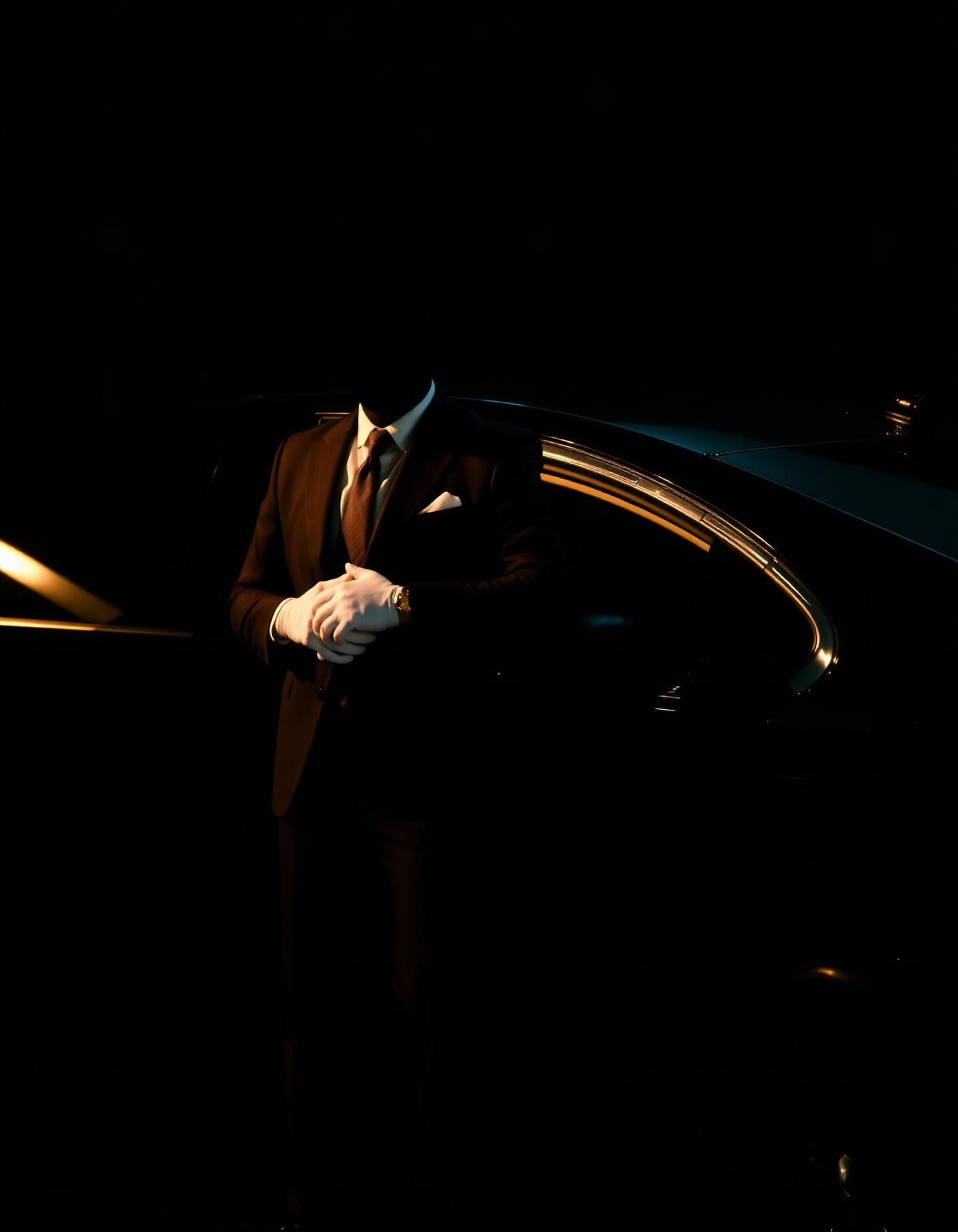 A chauffeur in tailored suit and white gloves waiting beside a black executive sedan