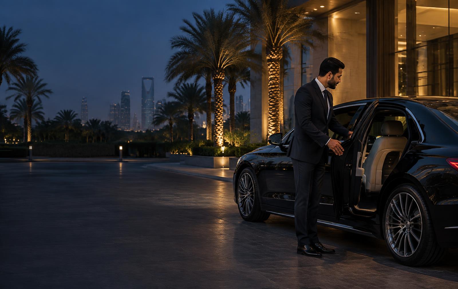 Chauffeur opening the rear door of a luxury sedan in Riyadh